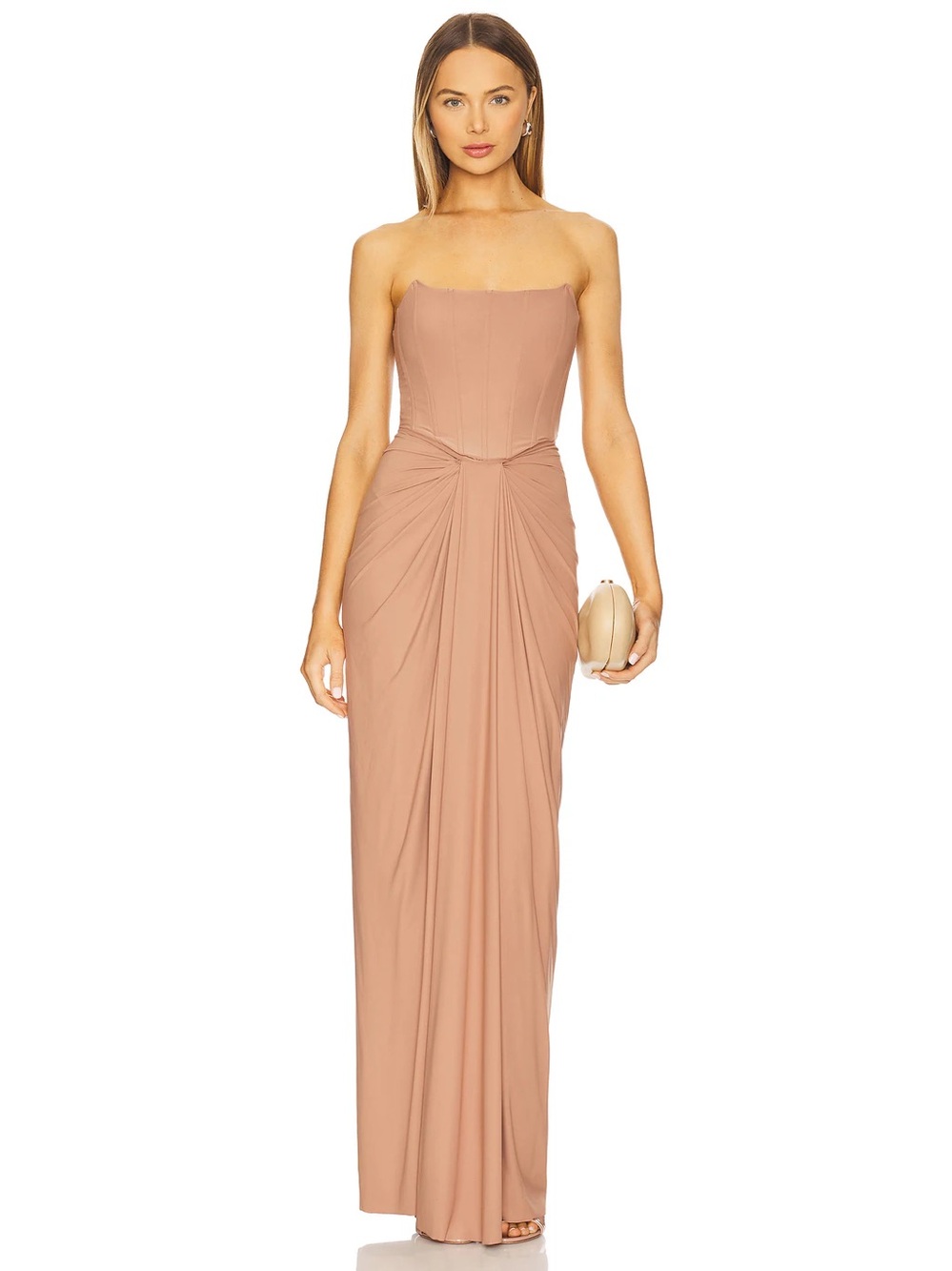 Deme by Gabriella Pearl Gown Brown Strapless Corset Maxi Dress